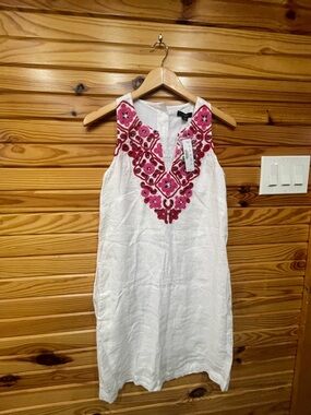 J. Crew White Sleeveless Linen Mini with Pink Embroidered V-Neck